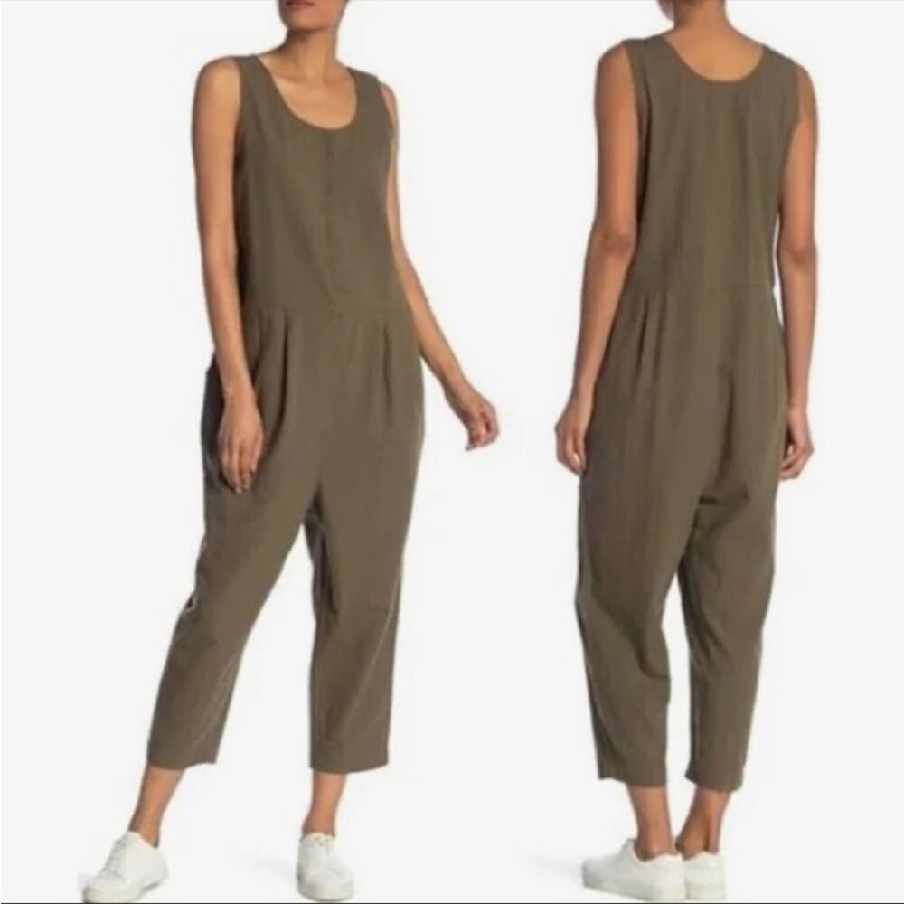 Eileen fisher green jumpsuit organic cotton linen pleated lagenlook minimalist